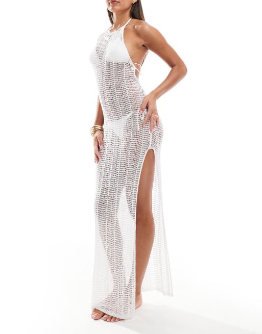 ASOS DESIGN – Biała szydełkowana dzianinowa sukienka plażowa maxi z dekoltem halter