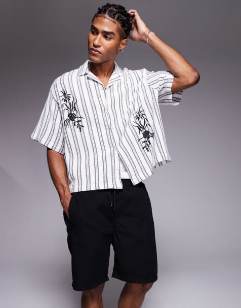 ASOS DESIGN boxy oversized crochet shirt with embroidery in black and white