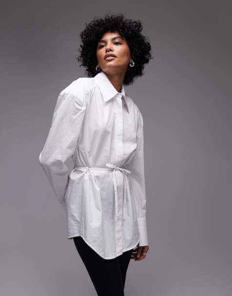 ASOS DESIGN cinch waist shirt with shoulder pads in white