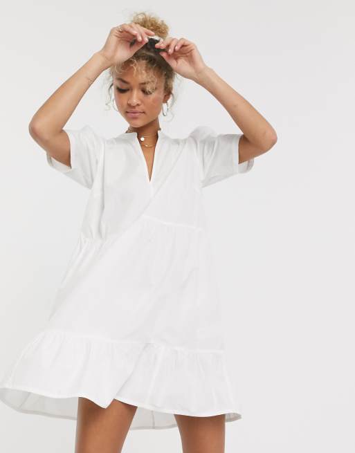 ASOS DESIGN – Biała warstwowa sukienka mini w stylu tuniki z bawełny