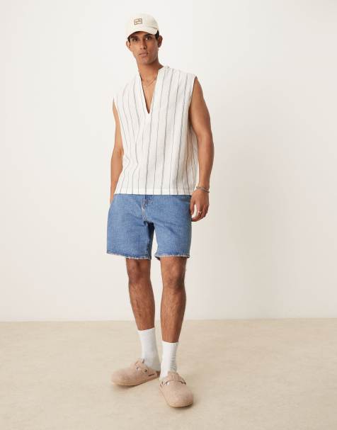 ASOS DESIGN sleeveless overhead textured shirt in green and white stripe