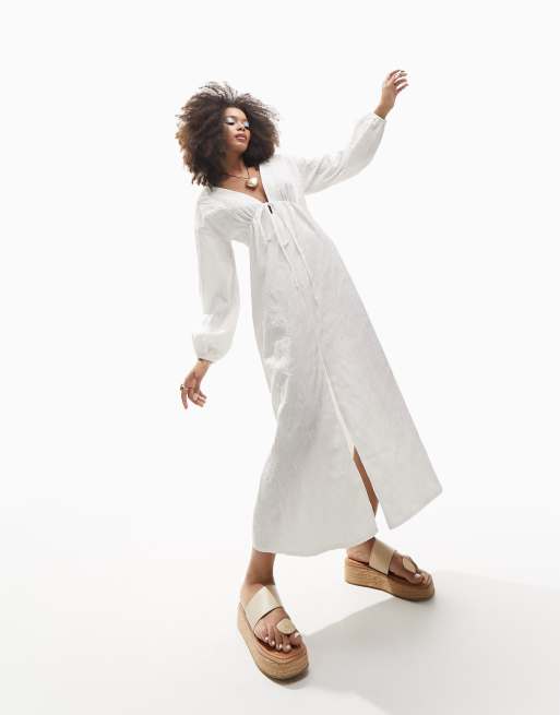 ASOS DESIGN – Biała żakardowa sukienka midi z wiązaniem z przodu i sznurowaniem z tyłu
