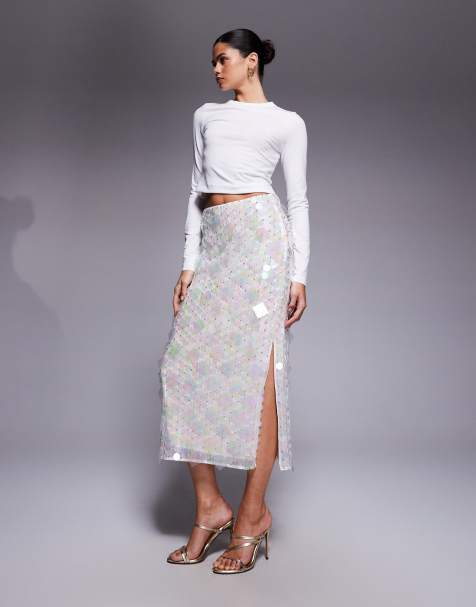 ASOS DESIGN embellished disc sequin midi skirt in white