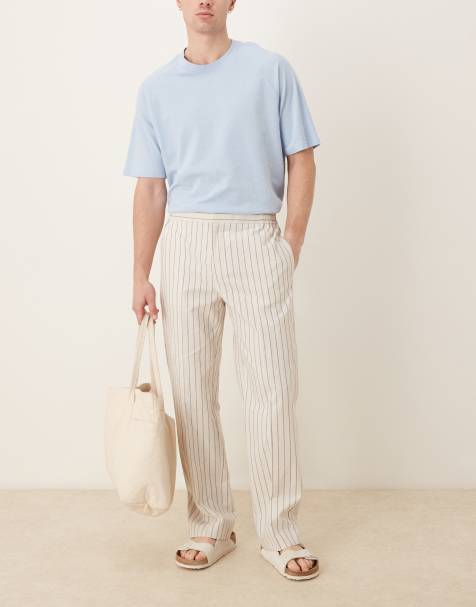 ASOS DESIGN smart straight leg cotton blend trousers in white pinstripe