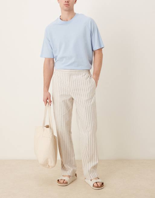 ASOS DESIGN – Białe eleganckie spodnie z prostymi nogawkami z mieszanki bawełnianej w prążki