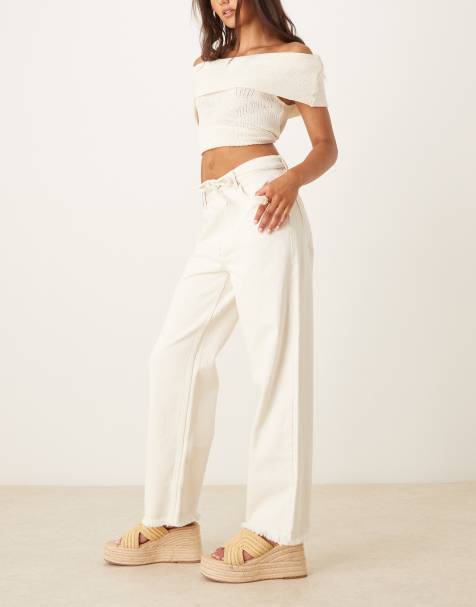 ASOS DESIGN wide leg dad jean with belt in white