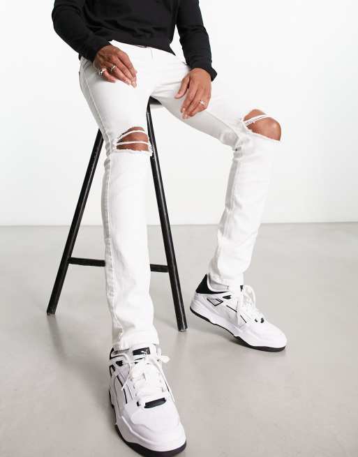 ASOS DESIGN – Białe jeansy o obcisłym kroju z przedarciami na kolanach, 4 z 4
