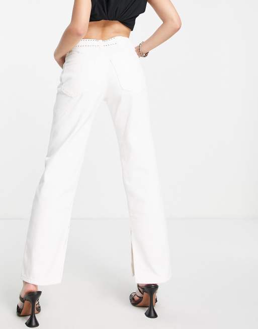 ASOS DESIGN – Białe jeansy z prostymi nogawkami, średnim stanem i dżetami, 4 z 4