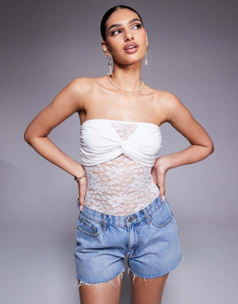 ASOS DESIGN lace twist detail bandeau bodysuit in white 
