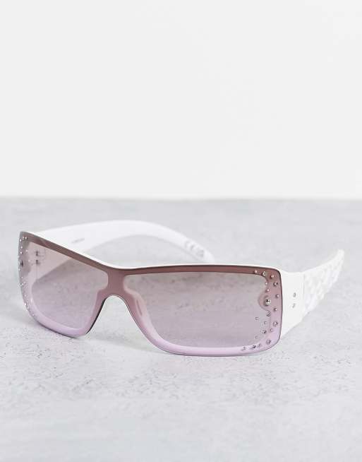 ASOS DESIGN – Białe okulary przeciwsłoneczne z pikowanym wzorem na oprawkach i kryształkami na szkłach