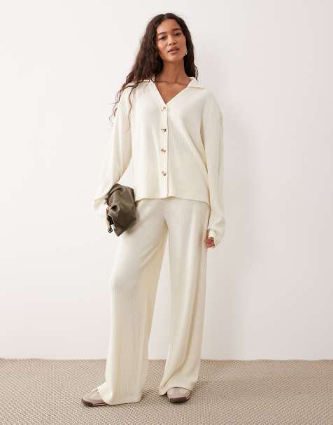 ASOS DESIGN – Białe prążkowane spodnie z szerokimi nogawkami ze szczotkowanego, miękkiego materiału, część zestawu - view 1