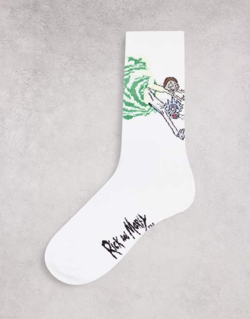 ASOS DESIGN – Białe skarpetki sportowe z nadrukiem w esy-floresy i motywem Ricka i Morty'ego