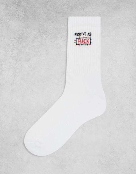 ASOS DESIGN – Białe skarpetki ze świątecznym nadrukiem z napisem Festive As Fuck - view 1