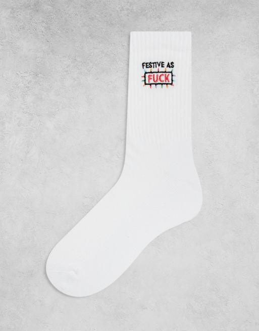 ASOS DESIGN – Białe skarpetki ze świątecznym nadrukiem z napisem Festive As Fuck