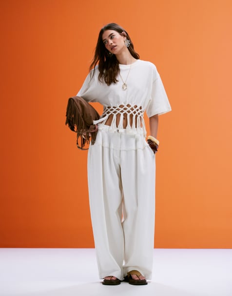 ASOS DESIGN – Białe spodnie o bardzo obszernym kroju z ozdobnym szwem - view 1