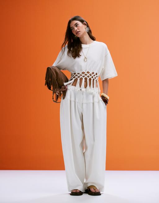 ASOS DESIGN – Białe spodnie super oversize z ozdobnym szwem