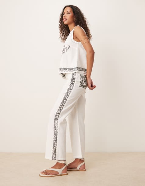 ASOS DESIGN straight leg trousers in mono embroidery co-ord