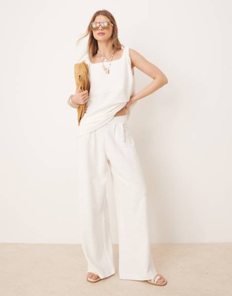 ASOS DESIGN pleat front wide leg trouser in white boucle jersey