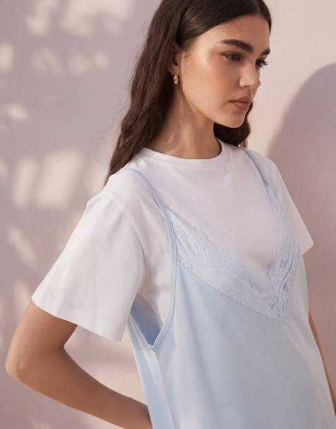 ASOS DESIGN – Biało-błękitna sukienka mini z krótkimi rękawami i koronkową warstwą wierzchnią - view 1