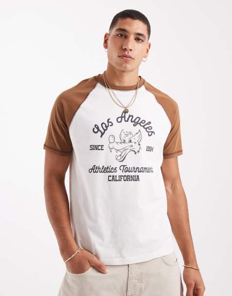 ASOS DESIGN boxy standard fit t-shirt with front graphic in white and brown