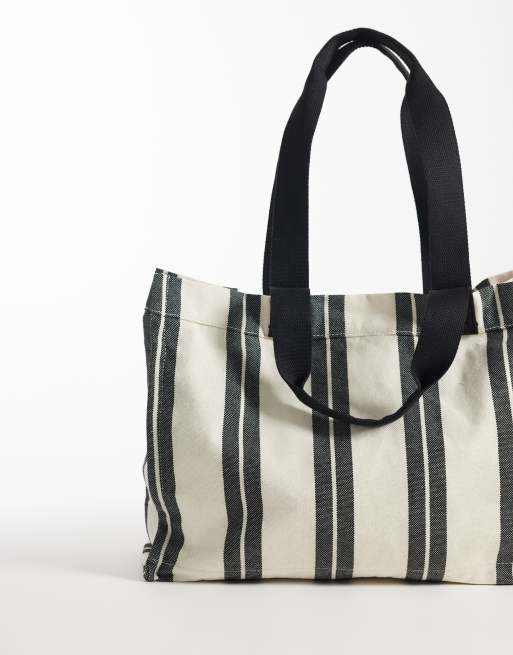 ASOS DESIGN – Biało-czarna, płócienna torba typu tote w paski, 4 z 4