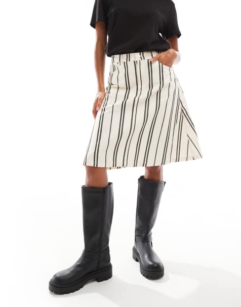 ASOS DESIGN – Biało-czarna spódnica jeansowa do kolan w paski - view 1
