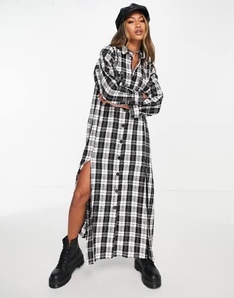 ASOS DESIGN – Biało-czarna sukienka koszulowa maxi z dzianiny boucle w kratę - view 1