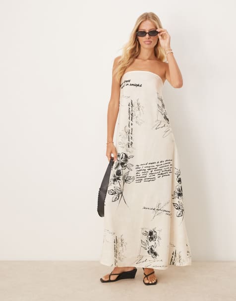 ASOS DESIGN – Biało-czarna sukienka maxi z dekoltem bandeau z tkaniny cupro we wzór - view 1