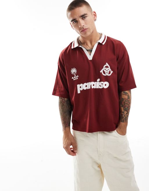 ASOS DESIGN – Biało-czerwona koszulka polo oversize o pudełkowym kroju z napisem „Paraiso” z przodu