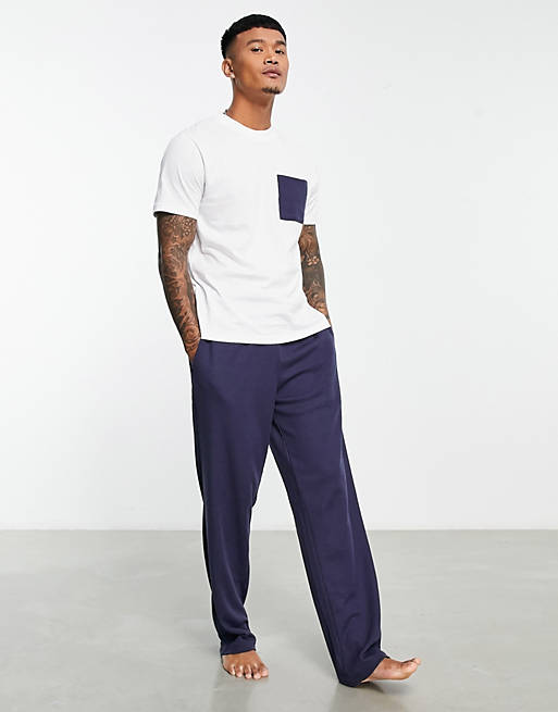 ASOS DESIGN – Biało-granatowa piżama o fakturze waflowej z T-shirtem i spodniami