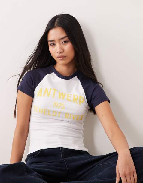 ASOS DESIGN – Biało-granatowy krótki T-shirt z raglanowymi rękawami i napisem Antwerp - view 1
