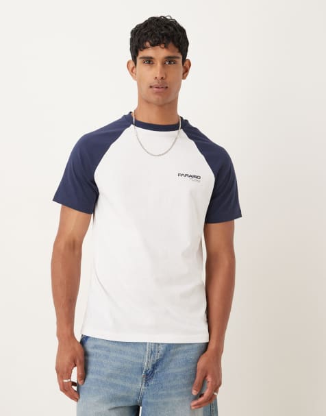 ASOS DESIGN raglan t-shirt with chest graphic in white and navy