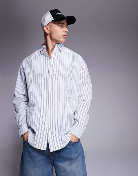 ASOS DESIGN 90s oversized shirt in white and blue seersucker stripe