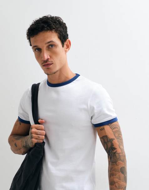 ASOS DESIGN – Biało-niebieski gruby T-shirt o dopasowanym kroju z kontrastową lamówką - view 1