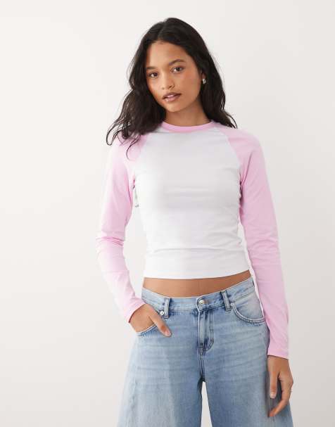 ASOS DESIGN – Biało-różowy przylegający i krótki T-shirt z długimi raglanowymi rękawami - view 1