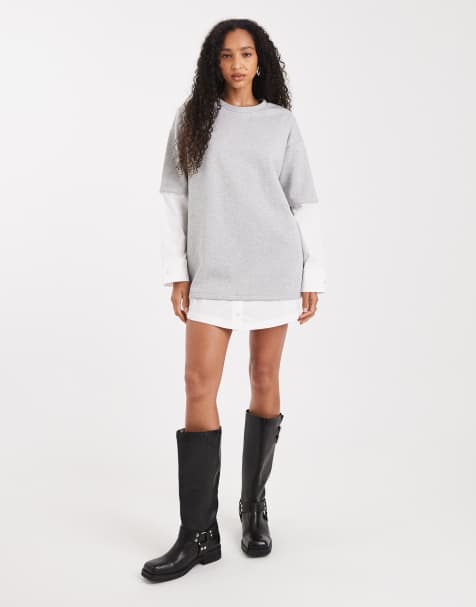 ASOS DESIGN – Biało-szara sukienka T-shirtowa mini z wewnętrzną koszulową warstwą oversize - view 1
