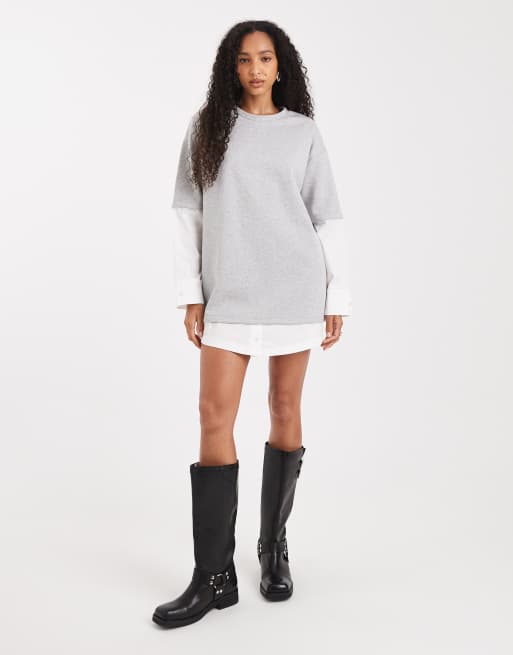 ASOS DESIGN – Biało-szara sukienka T-shirtowa mini z wewnętrzną koszulową warstwą oversize
