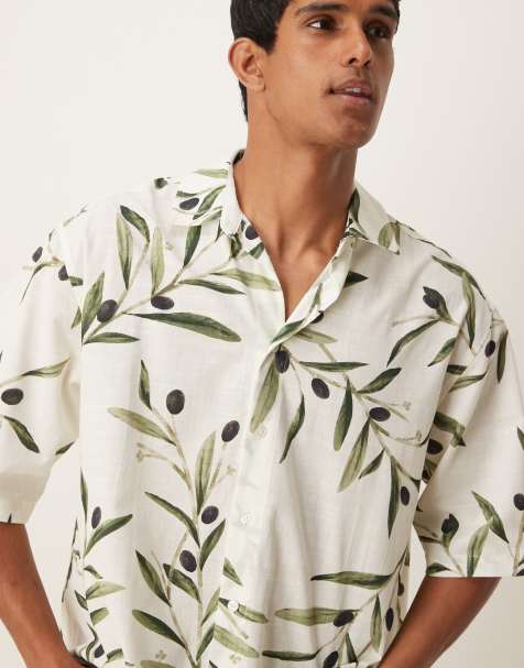ASOS DESIGN boxy oversized shirt with leaf print in white and green