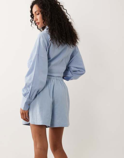ASOS DESIGN Biarritz beach cotton linen co-ord short in blue, 5 of 5
