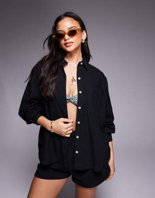 Asos Design Biarritz Beach Textured Cotton Shirt In Black