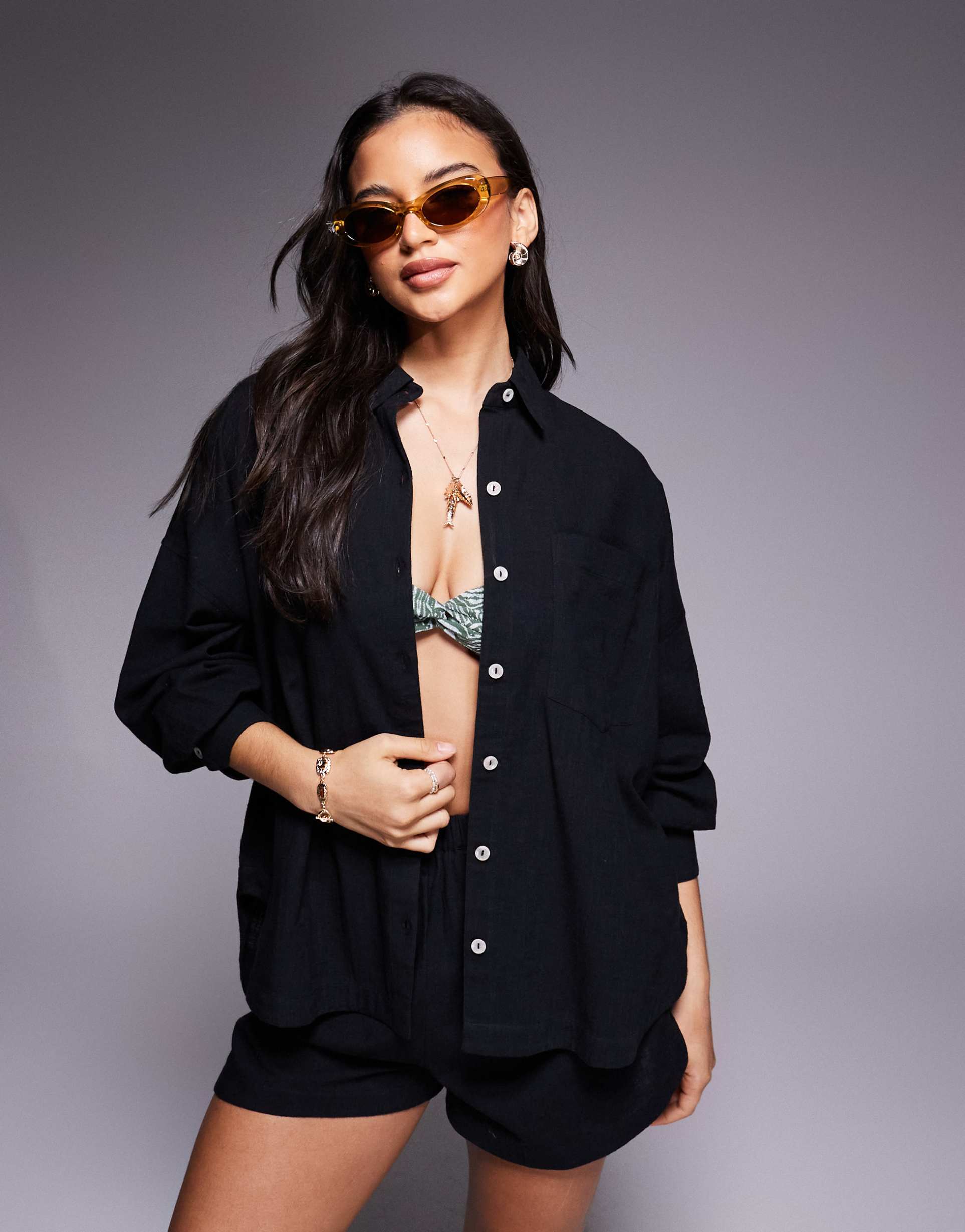asos design biarritz beach textured cotton shirt in black - part of a set