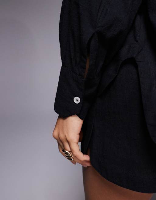 ASOS DESIGN Biarritz beach textured cotton shirt in black (part of a set), 3 of 4