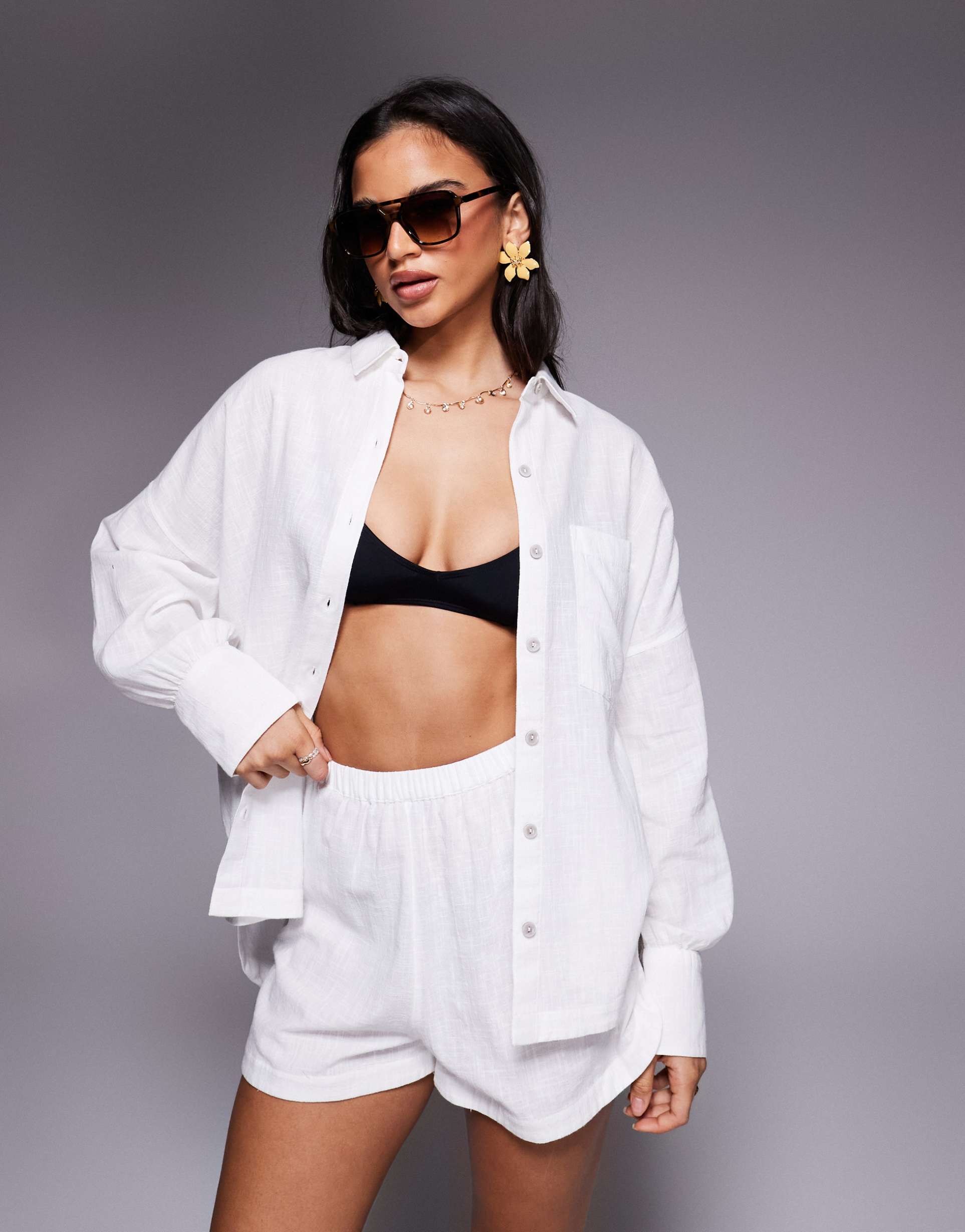 asos design biarritz beach textured cotton shirt in white - part of a set