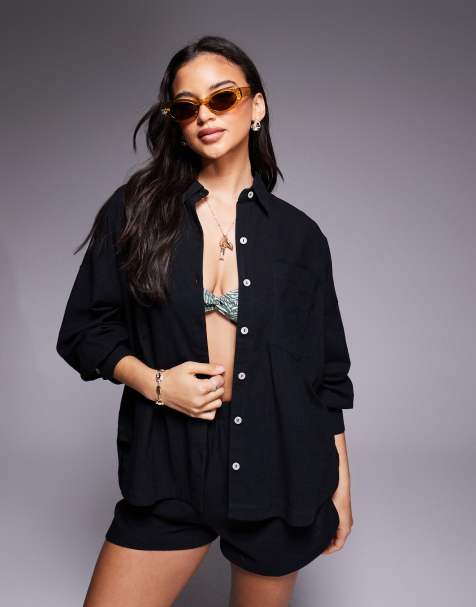 ASOS DESIGN - Biarritz - Chemise de plage d'ensemble en coton texturé - Noir - view 1