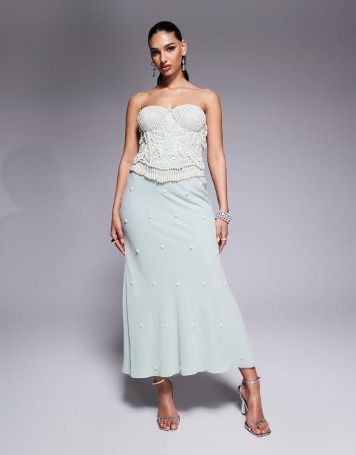 ASOS DESIGN bias bandeau midi dress with pearl beading in sage green