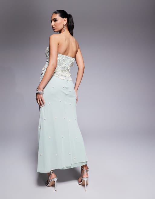 ASOS DESIGN bias bandeau midi dress with pearl beading in sage green