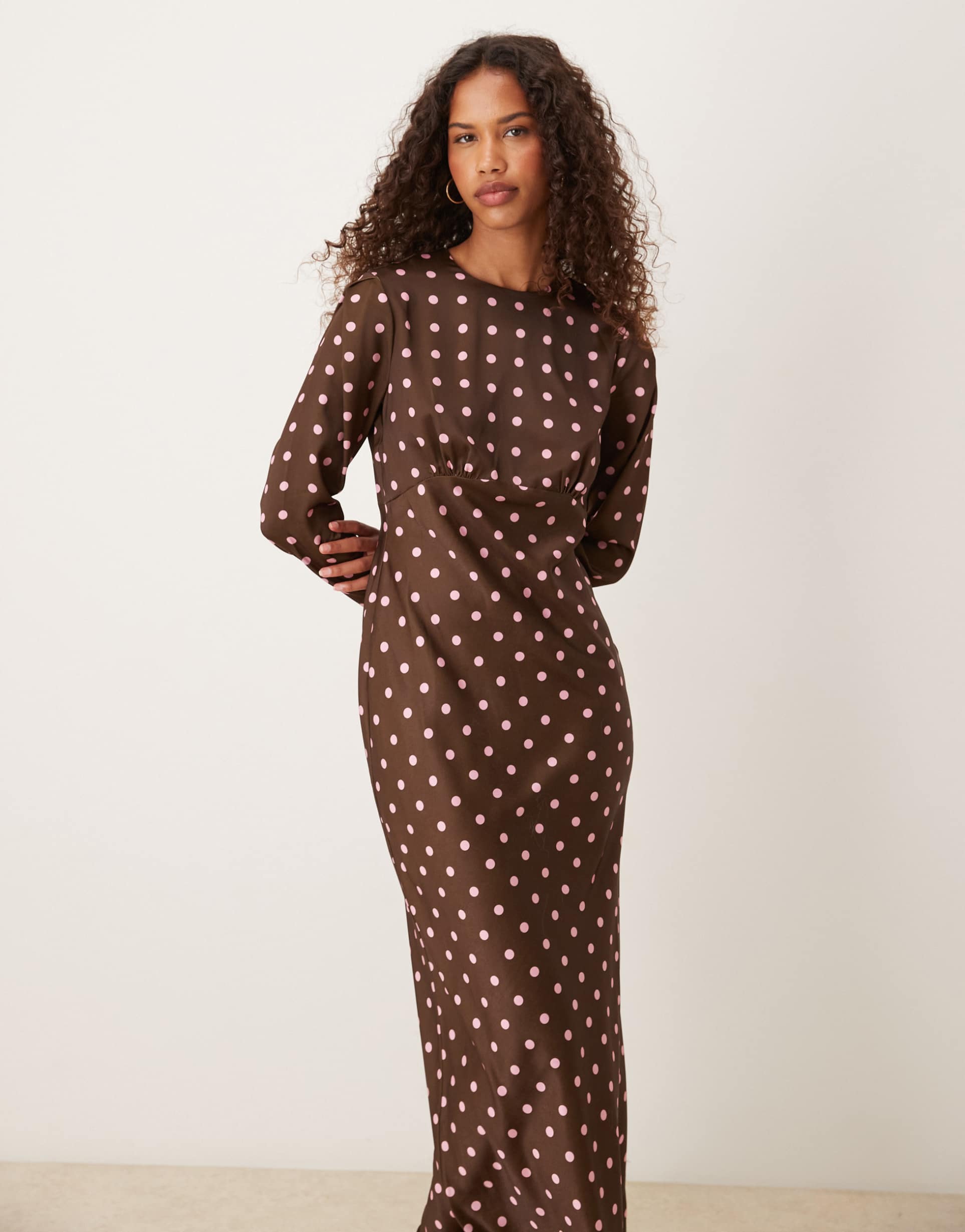 asos design bias bust detail maxi dress in dot print
