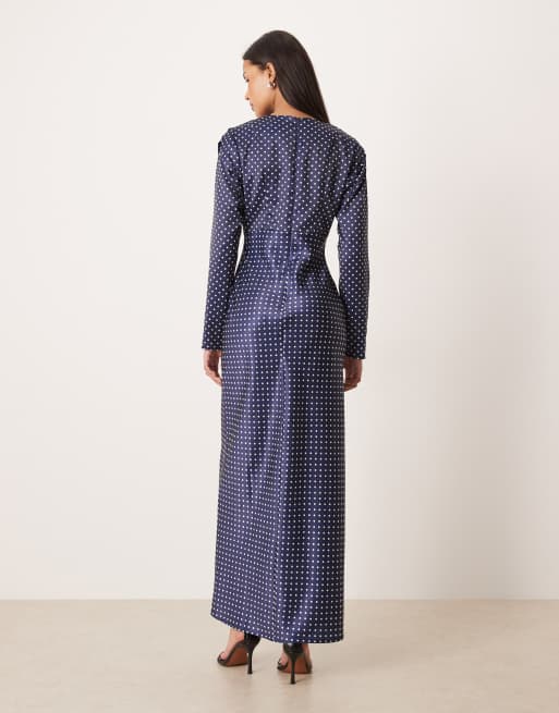 ASOS DESIGN bias bust detail satin maxi dress in navy spot, 2 of 4