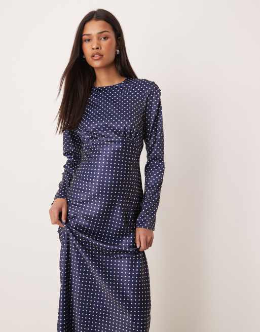 ASOS DESIGN bias bust detail satin maxi dress in navy spot, 3 of 4