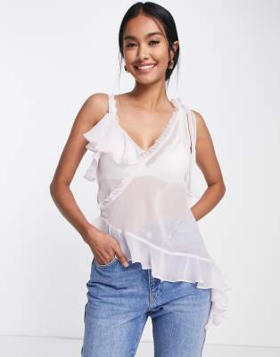 ASOS DESIGN bias cami with asymmetric ruffle in sheer dusty lilac-Purple